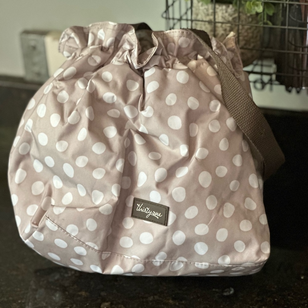 Thirty-One Taupe and White Polka Dot Tote